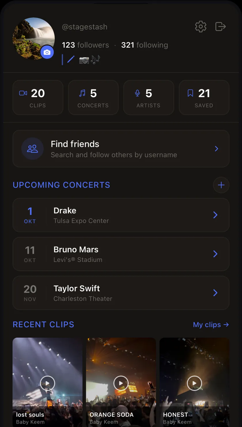 A StageStash profile with stats and upcoming concerts